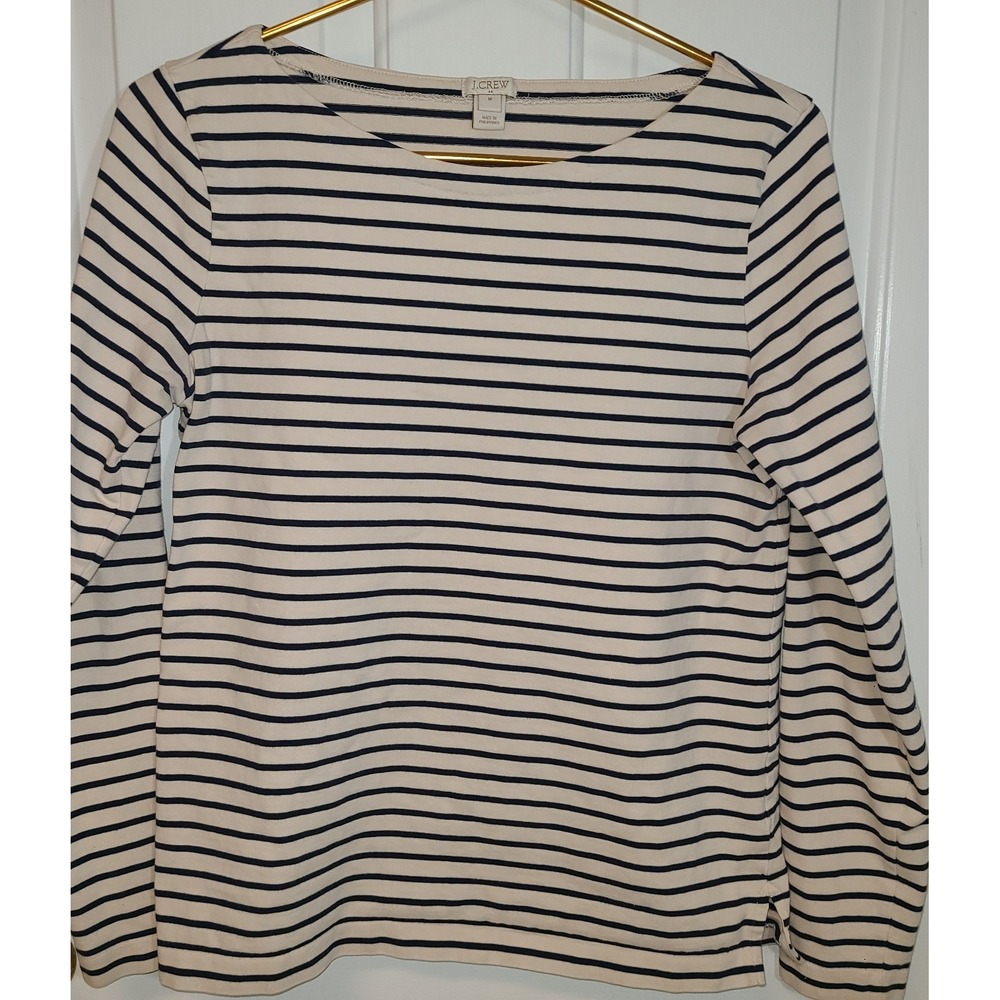 Gorgeous J.CREW Ivory Navy STRIPED Women Sz Med Boat Neck Long Sleeve Top Cotton